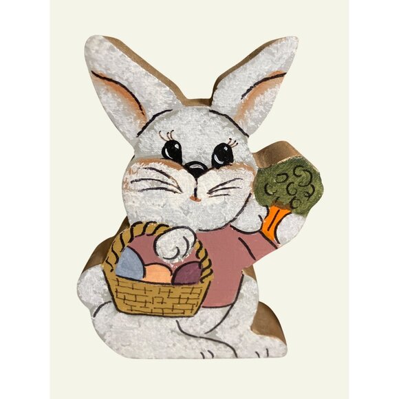 Handcrafted Wooden Easter Bunny Figures With Painted Details and Basket Design - Picture 3 of 9